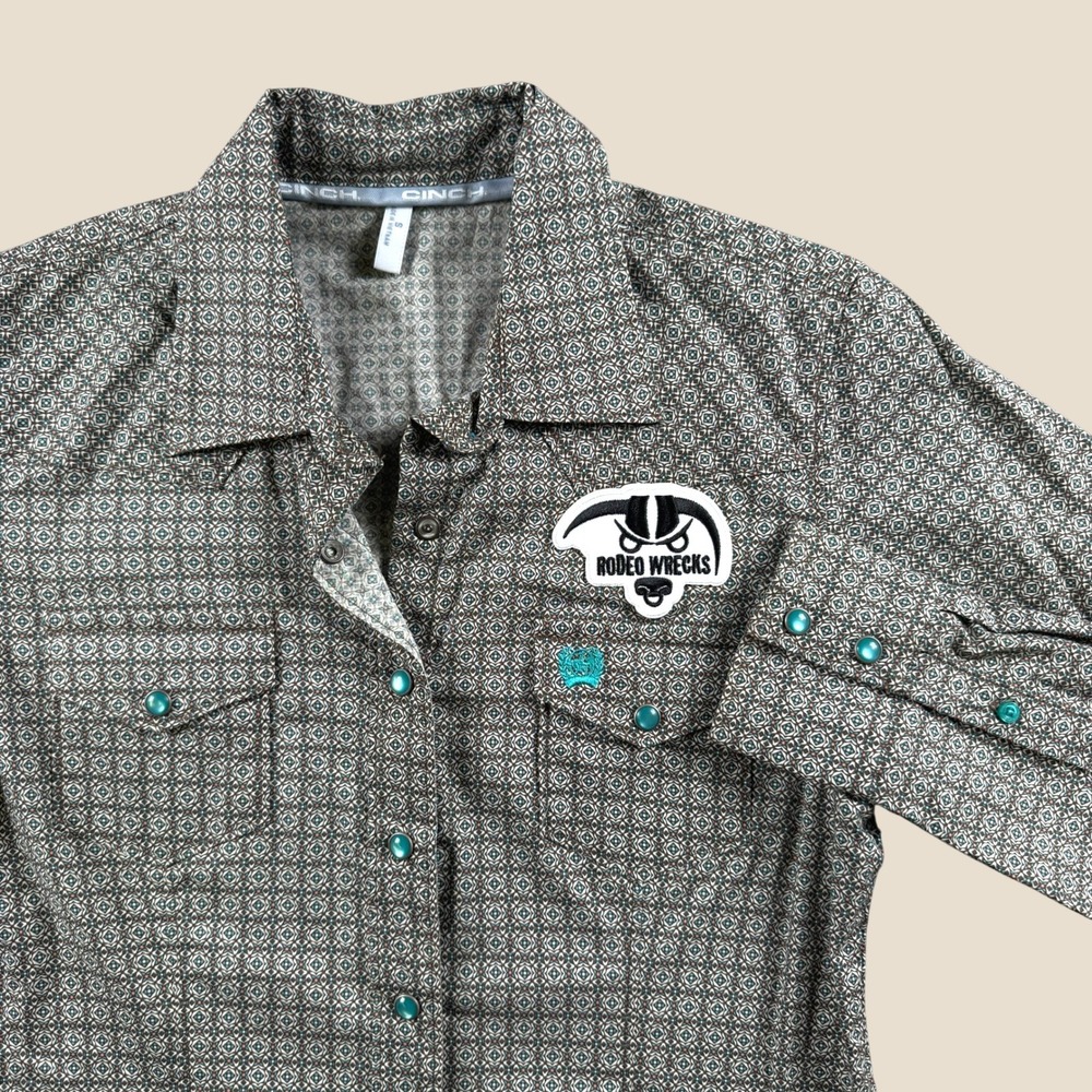 Cinch Barrel Racer Shirt Women S Grey Rodeo Wrecks Pearl Snap Cowgirl Top